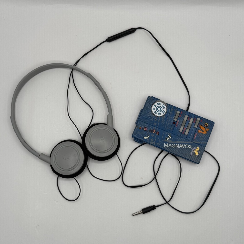 Magnavox Portable AM FM Stereo Radio Works Blue Denim Print Vintage Headphones